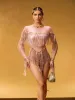 Axiom Long Sleeve Fringe Bodysuit In Nude sold by Mew Mews