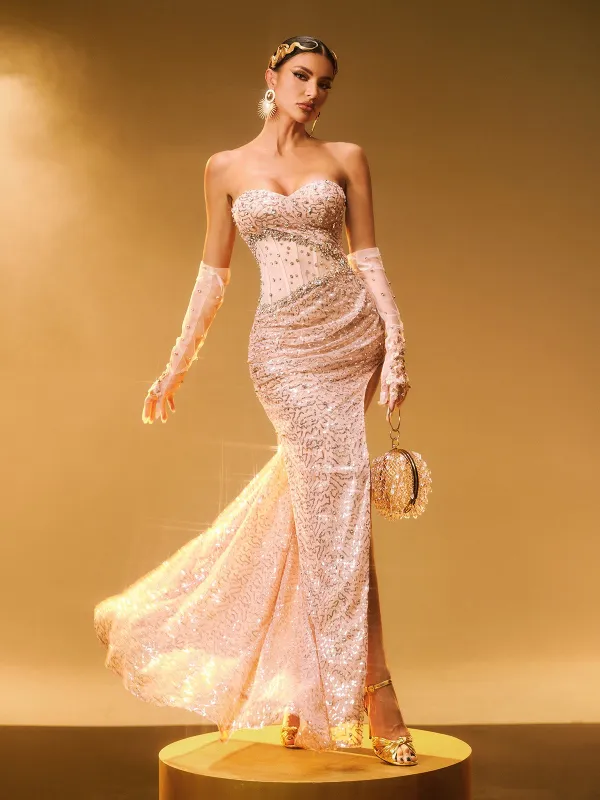 Coralyn Strapless Rhinestone Split Maxi Dress sold by Mew Mews