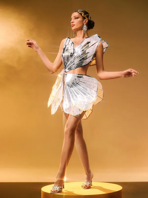Jaidlynn Butterfly Embellished Cutout Mini Dress In Silver sold by Mew Mews