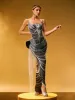 Zories Strapless Crystal Chain Fringe Maxi Dress sold by Mew Mews