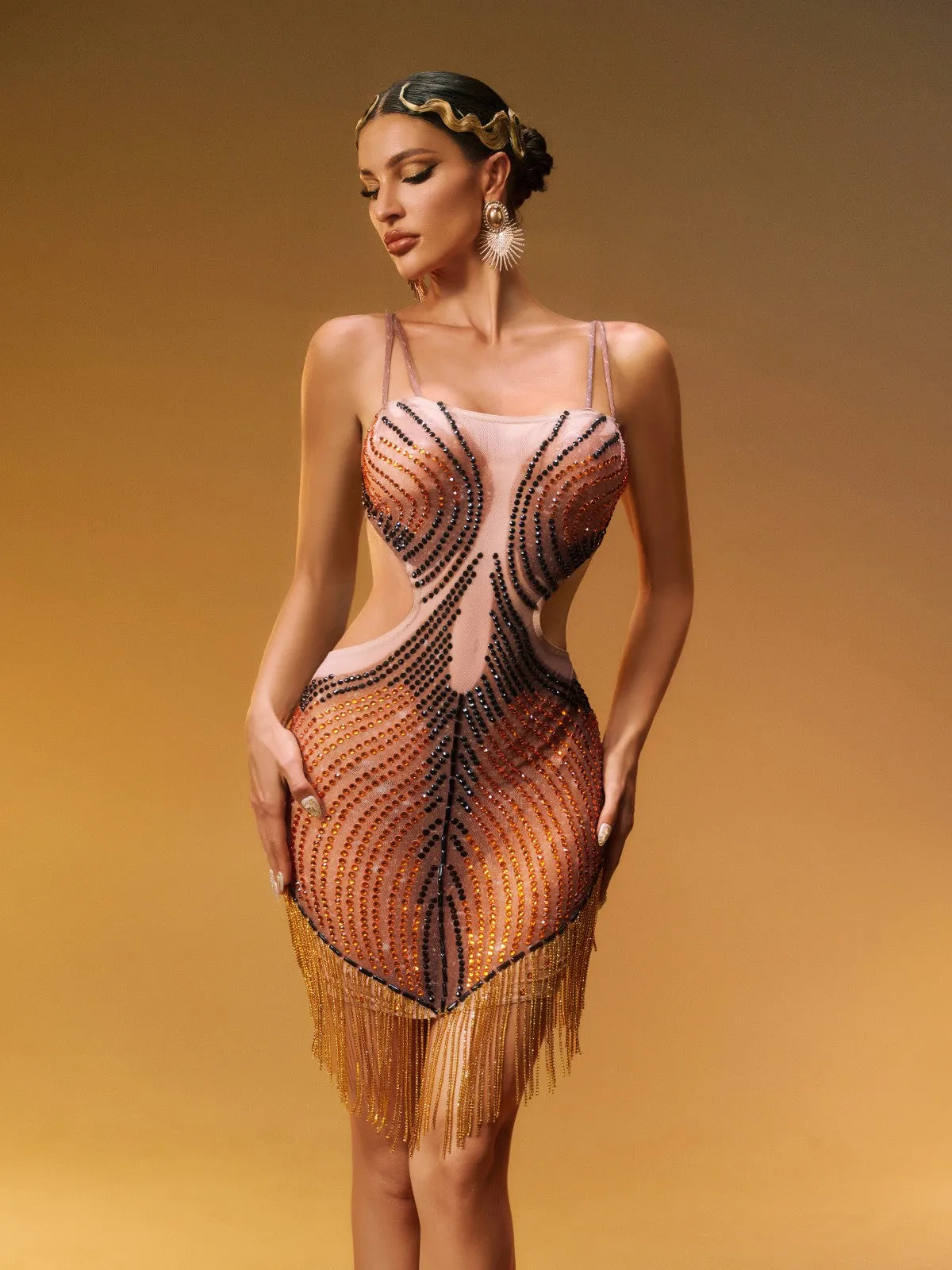 Zenitha Rhinestone Fringe Mini Dress sold by Mew Mews