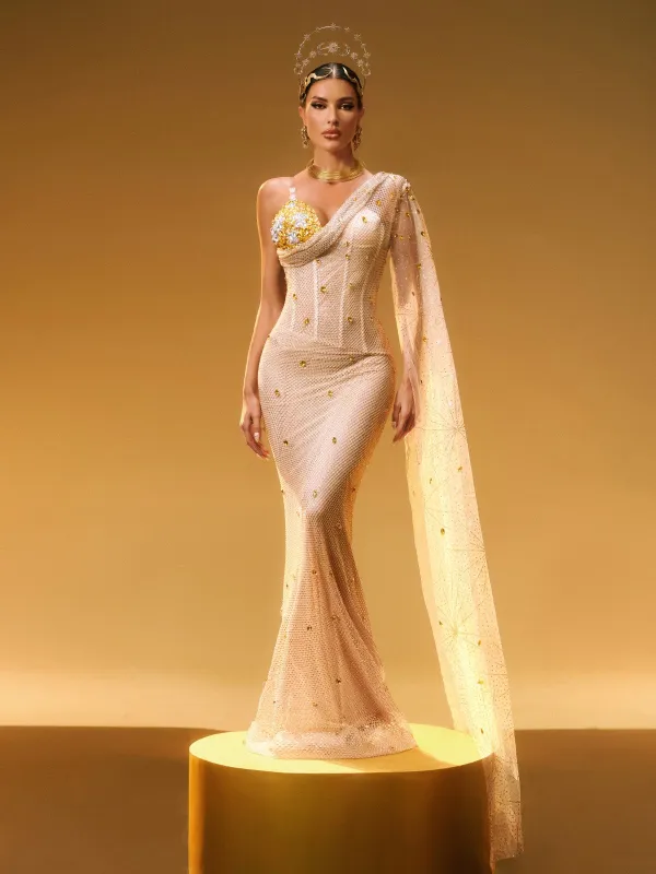 Nebulae One Shoulder Rhinestone Maxi Dress sold by Mew Mews