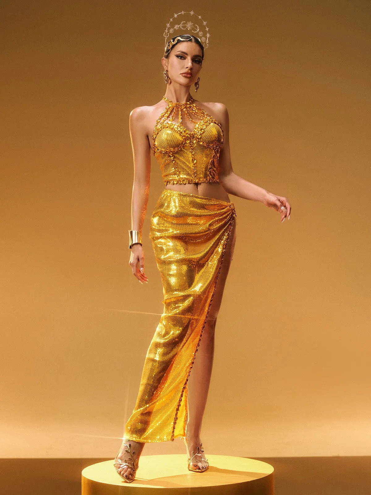 Liorah Halterneck Sequin Skirt Set In Gold sold by Mew Mews product image thumbnail 5