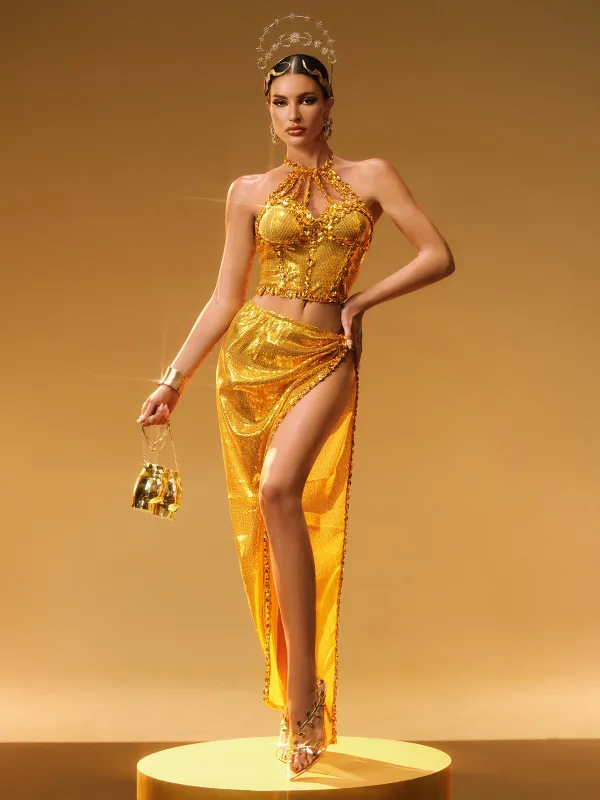 Liorah Halterneck Sequin Skirt Set In Gold sold by Mew Mews