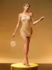 Mystica Strapless Rhinestone Fringe Mini Dress In Gold sold by Mew Mews