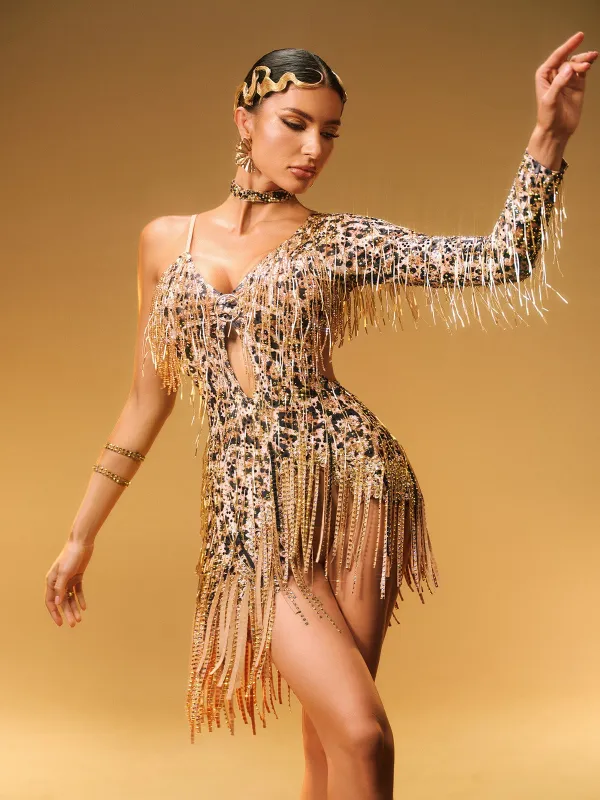 Elyon Cutout Leopard Fringe Mini Dress sold by Mew Mews