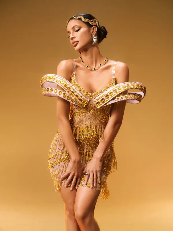 Jaimarie Off Shoulder Rhinestone Fringe Mini Dress In Gold sold by Mew Mews