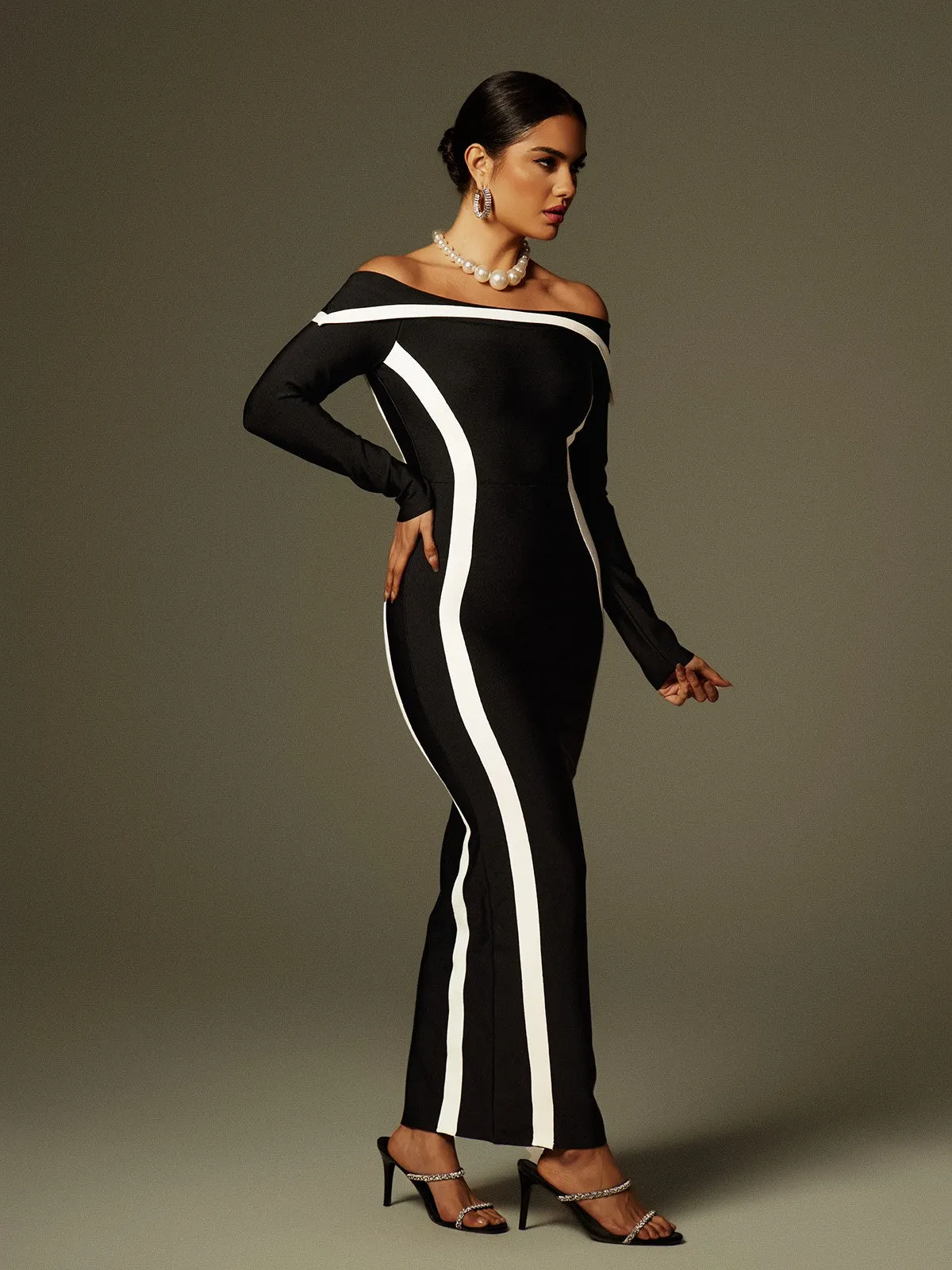 Alyvia Off Shoulder Stripe Bandage Maxi Dress sold by Mew Mews product image thumbnail 5
