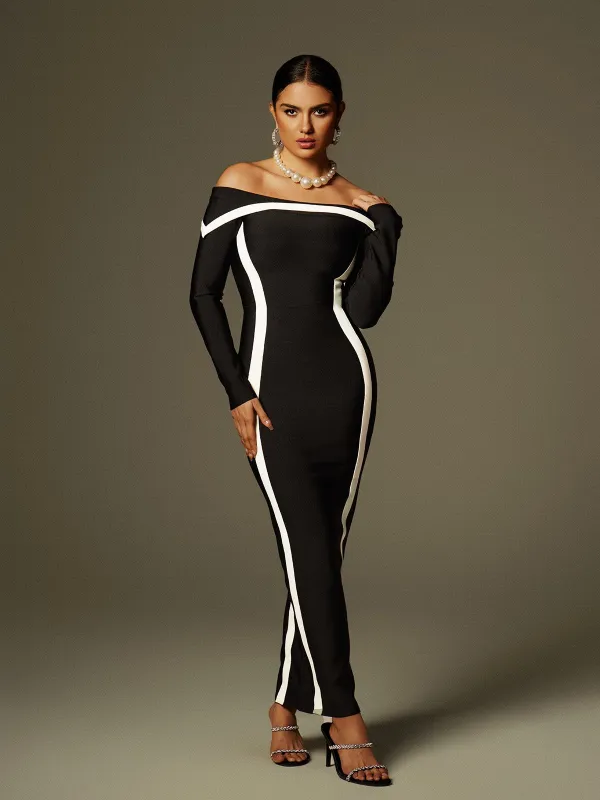 Alyvia Off Shoulder Stripe Bandage Maxi Dress sold by Mew Mews