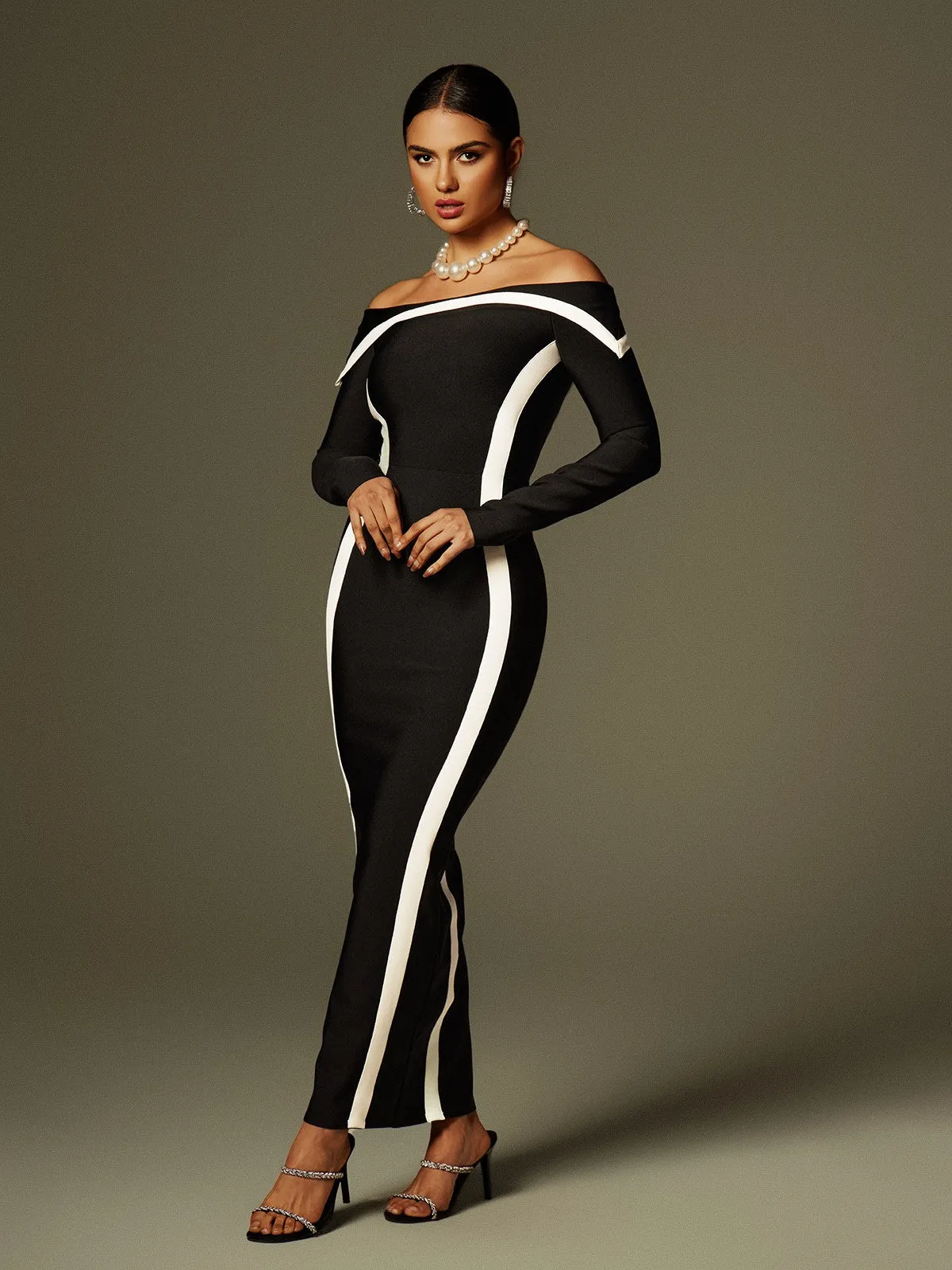 Alyvia Off Shoulder Stripe Bandage Maxi Dress sold by Mew Mews product image thumbnail 4
