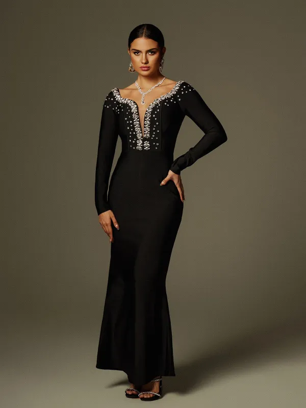 Cayla V Neck Rhinestone Bandage Maxi Dress sold by Mew Mews
