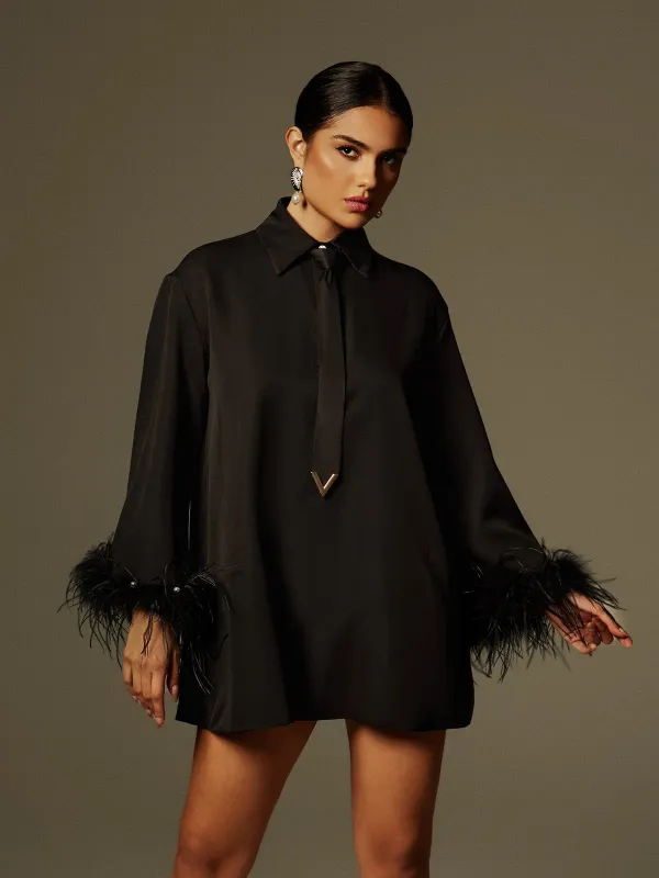 Hajar Folded Collar Feather Mini Dress In Black sold by Mew Mews