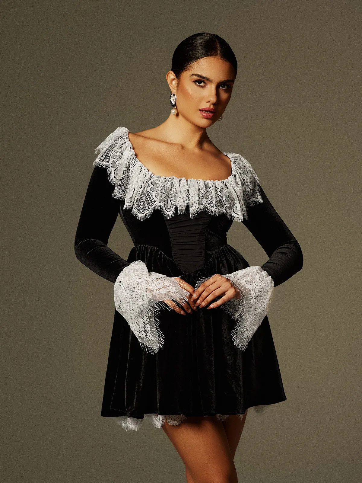 Jaxon Lace Trimmed Velvet Mini Dress sold by Mew Mews