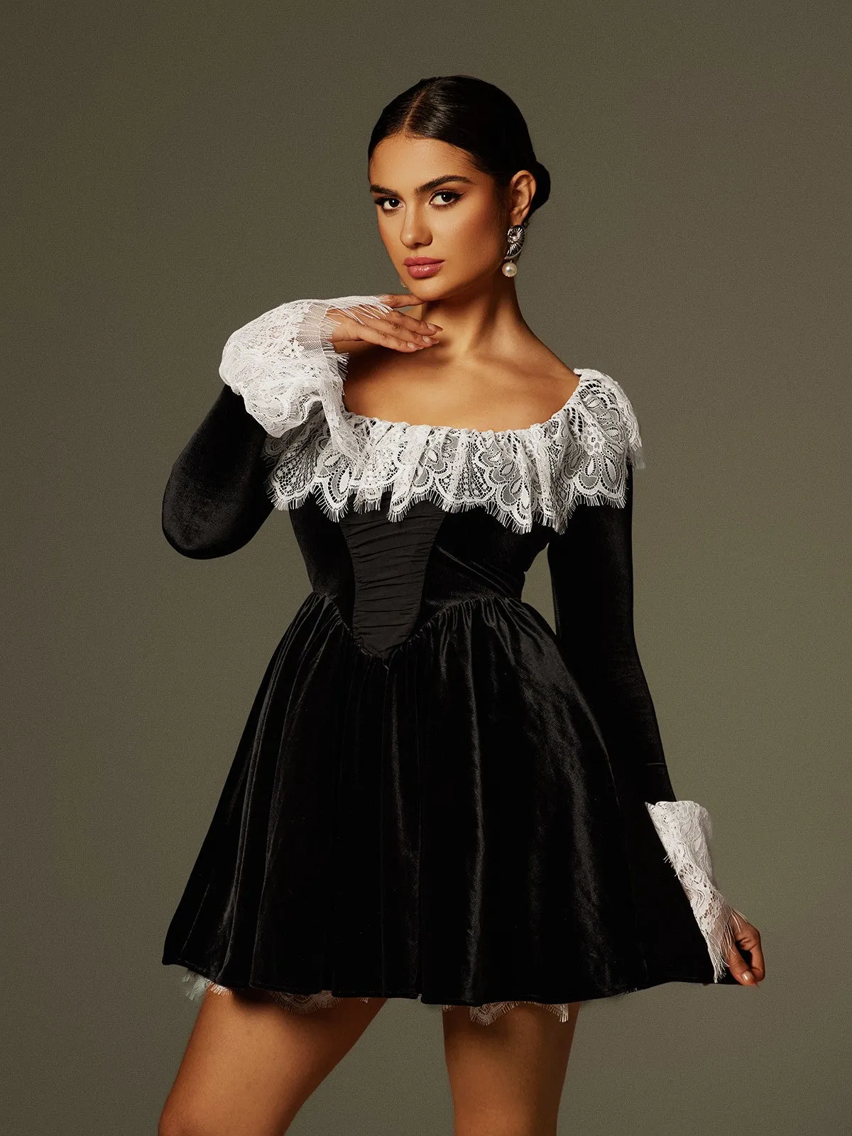 Jaxon Lace Trimmed Velvet Mini Dress sold by Mew Mews product image thumbnail 3