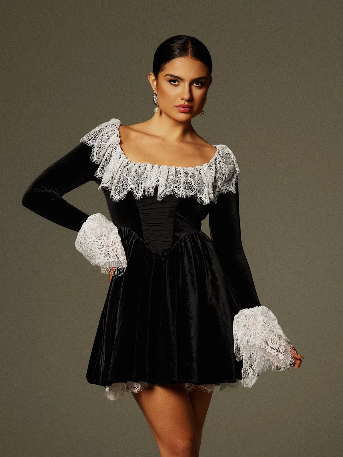 Jaxon Lace Trimmed Velvet Mini Dress sold by Mew Mews product image thumbnail 2