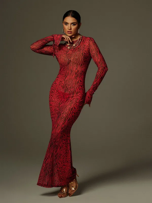 Theophilus Long Sleeve Backless Leopard Maxi Dress sold by Mew Mews