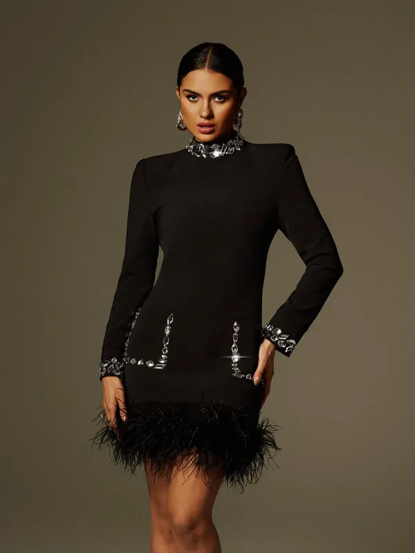 Cosma Long Sleeve Rhinestone Feather Mini Dress sold by Mew Mews