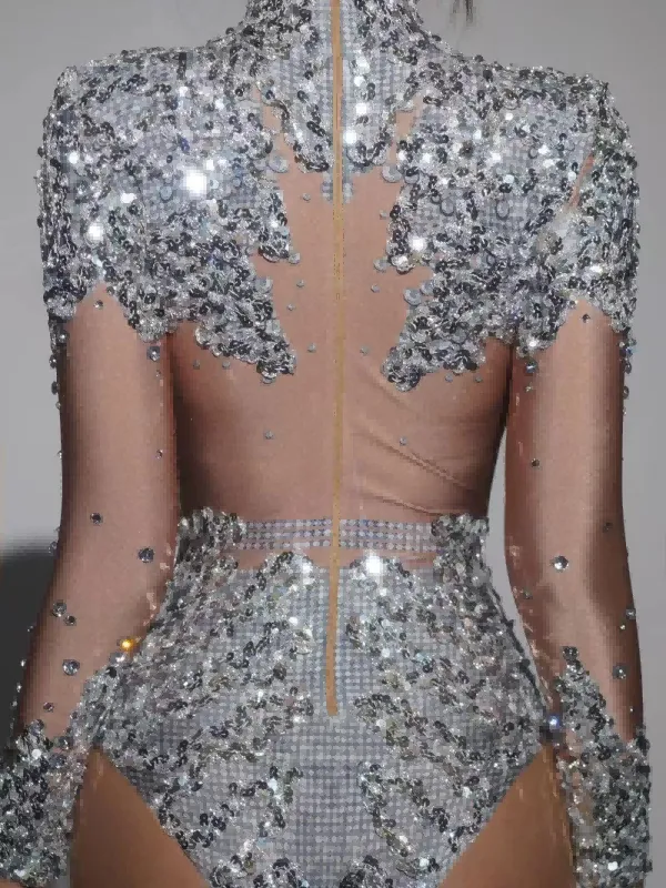 Thalorian High Neck Sequin Bodysuit In Silver sold by Mew Mews product image thumbnail 2