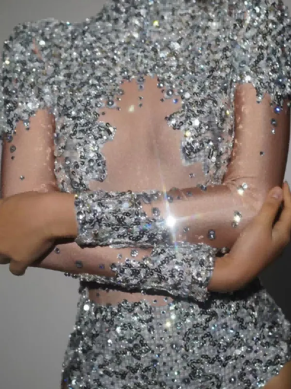 Thalorian High Neck Sequin Bodysuit In Silver sold by Mew Mews