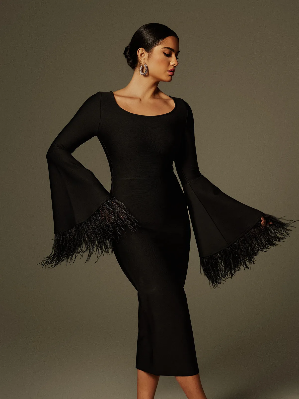 Ailyn Round Neck Feather Bandage Midi Dress sold by Mew Mews product image thumbnail 4