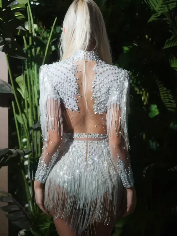 Lorvain Rhinestone Fringe Bodysuit In White sold by Mew Mews product image thumbnail 2