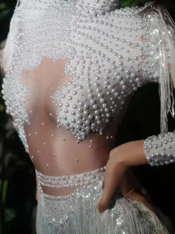 Lorvain Rhinestone Fringe Bodysuit In White sold by Mew Mews