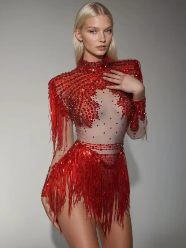 Lorvain Rhinestone Fringe Bodysuit In Red sold by Mew Mews