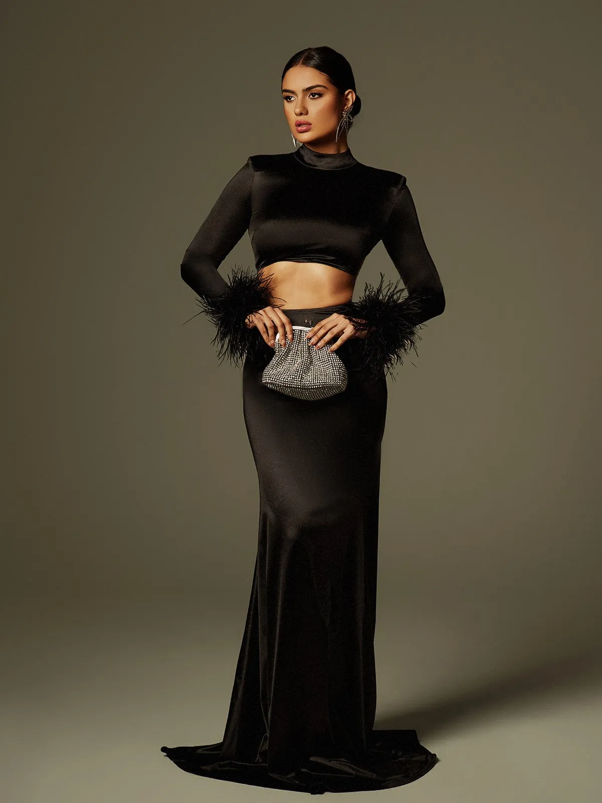 Avalee Long Sleeve Feather Satin Skirt Set sold by Mew Mews product image thumbnail 4