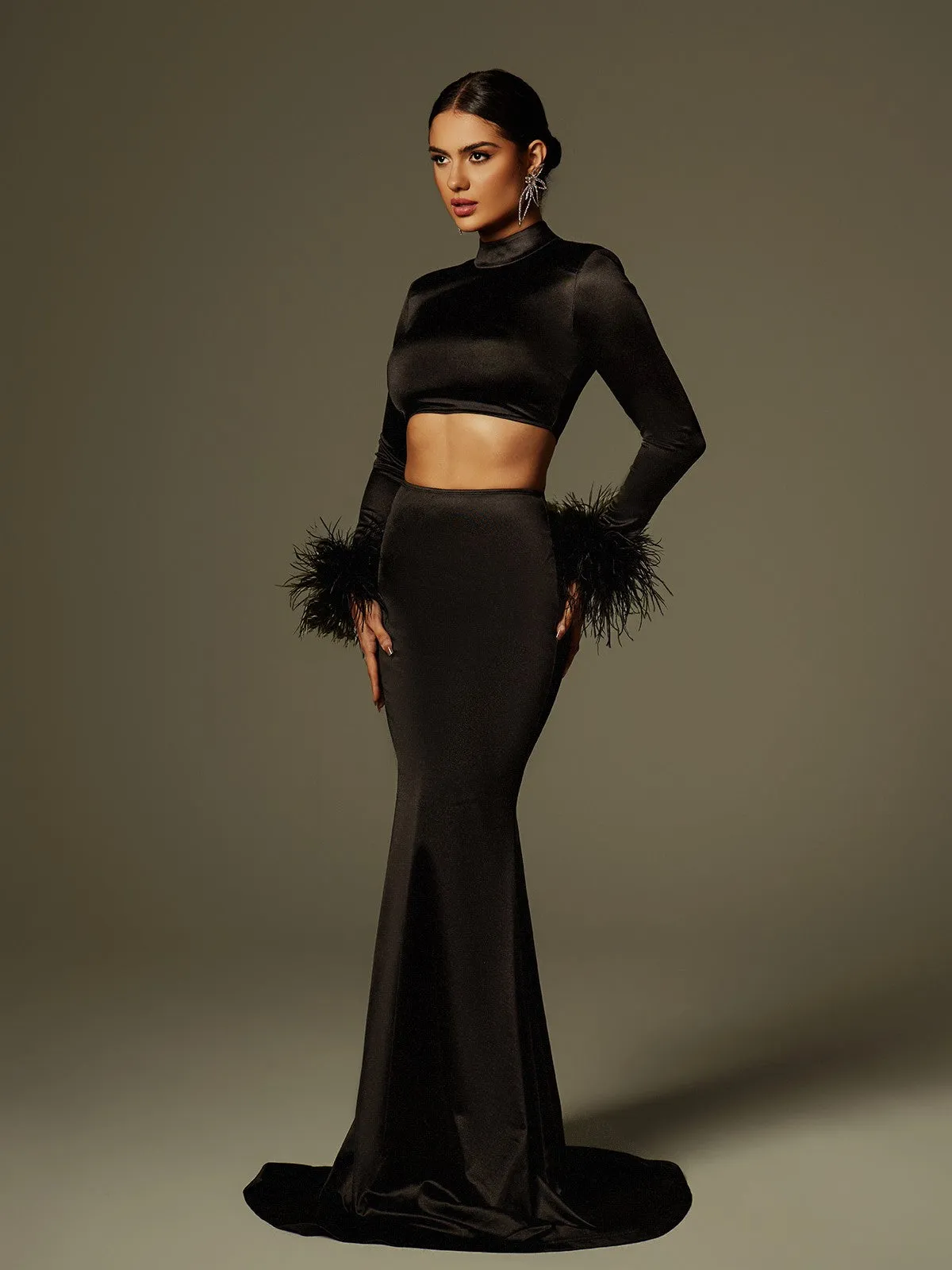 Avalee Long Sleeve Feather Satin Skirt Set sold by Mew Mews product image thumbnail 2