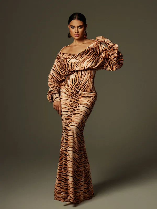 Azula Long Sleeve Tiger Printed Maxi Dress sold by Mew Mews