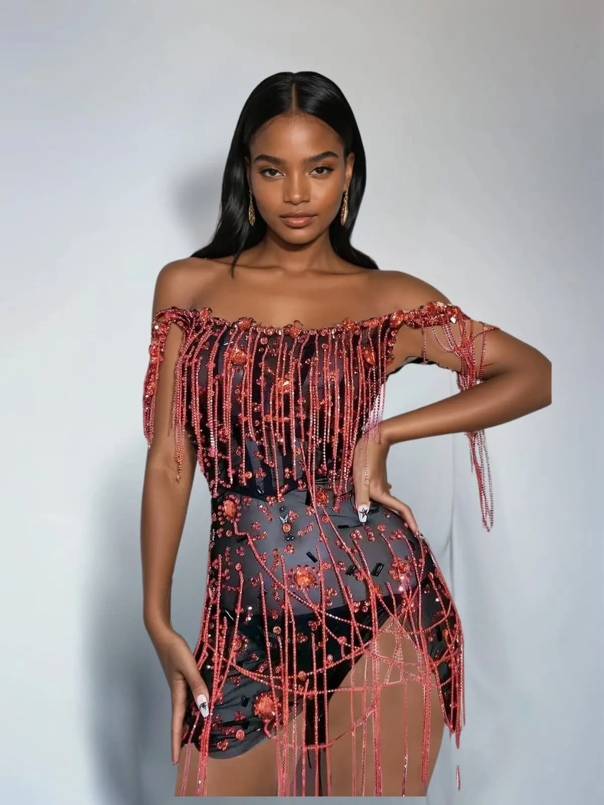 Lioriel Rhinestone Fringe Mini Dress sold by Mew Mews