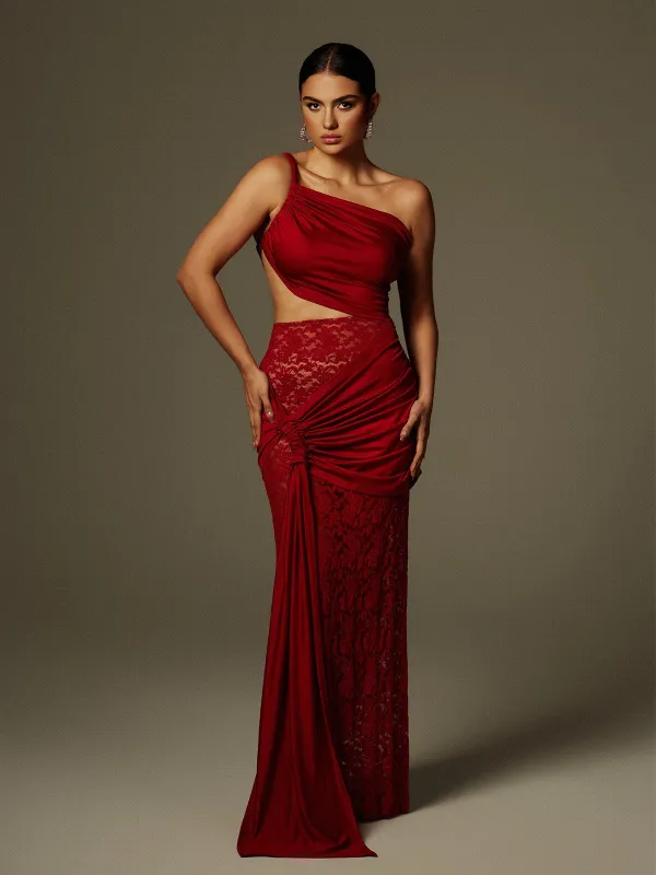 Phelia Cutout Lace Draped Maxi Dress In Wine sold by Mew Mews