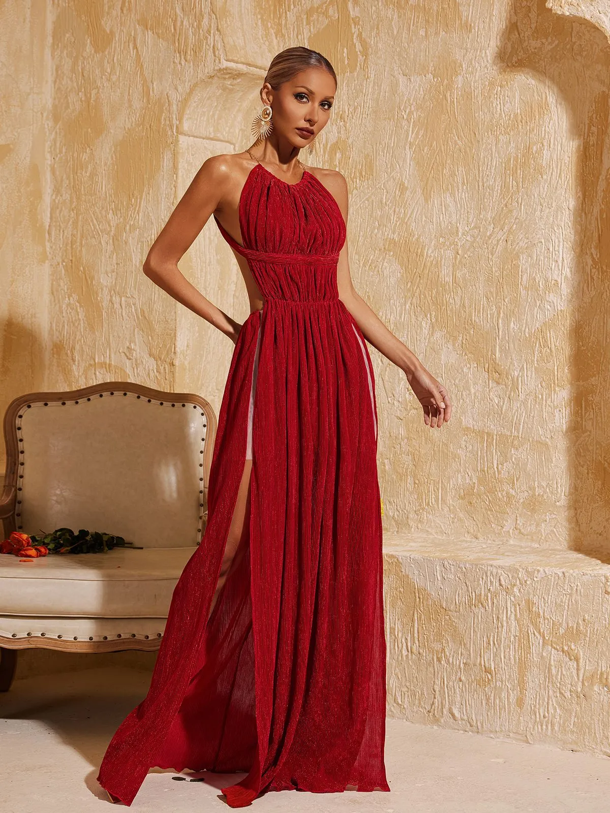 Tahlia Backless Glitter Ruched Maxi Dress sold by Mew Mews product image thumbnail 4