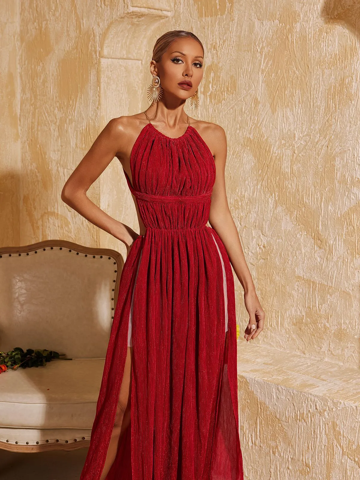 Tahlia Backless Glitter Ruched Maxi Dress sold by Mew Mews product image thumbnail 3