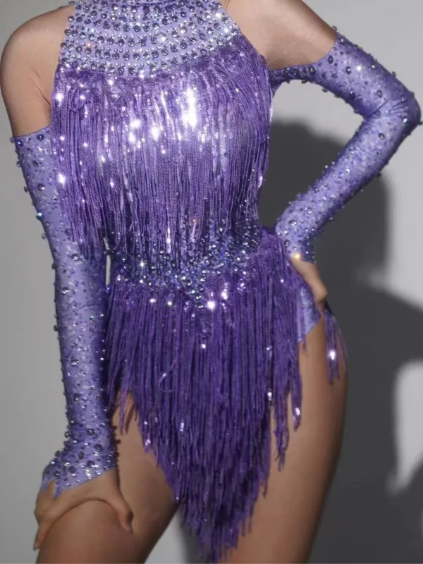 Lakendra Long Sleeve Crystal Fringe Bodysuit In Purple sold by Mew Mews
