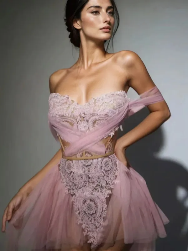 Xynthra Off Shoulder Lace Mini Dress In Pink sold by Mew Mews