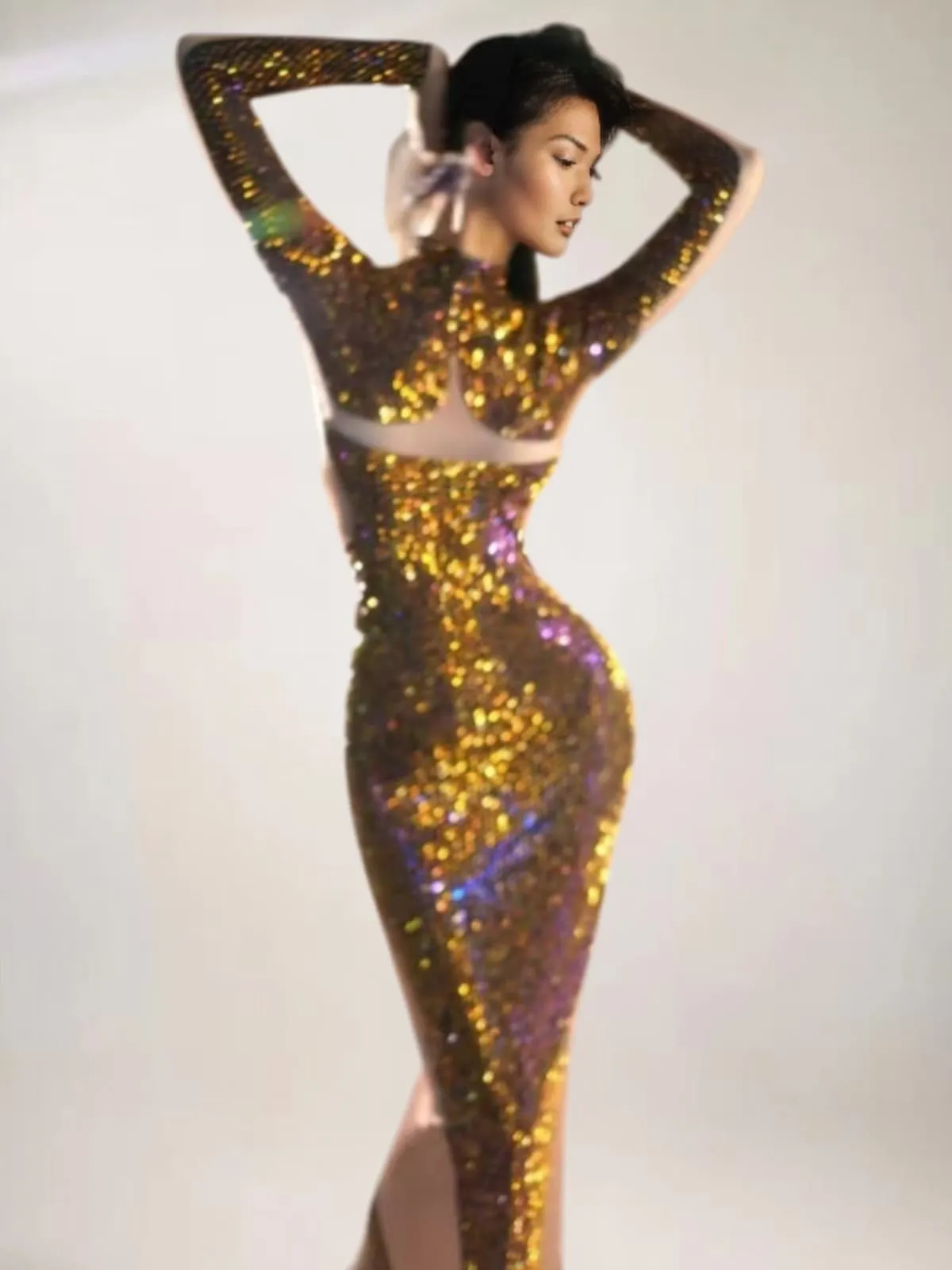Eorland Long Sleeve Rhinestone Maxi Dress In Gold sold by Mew Mews