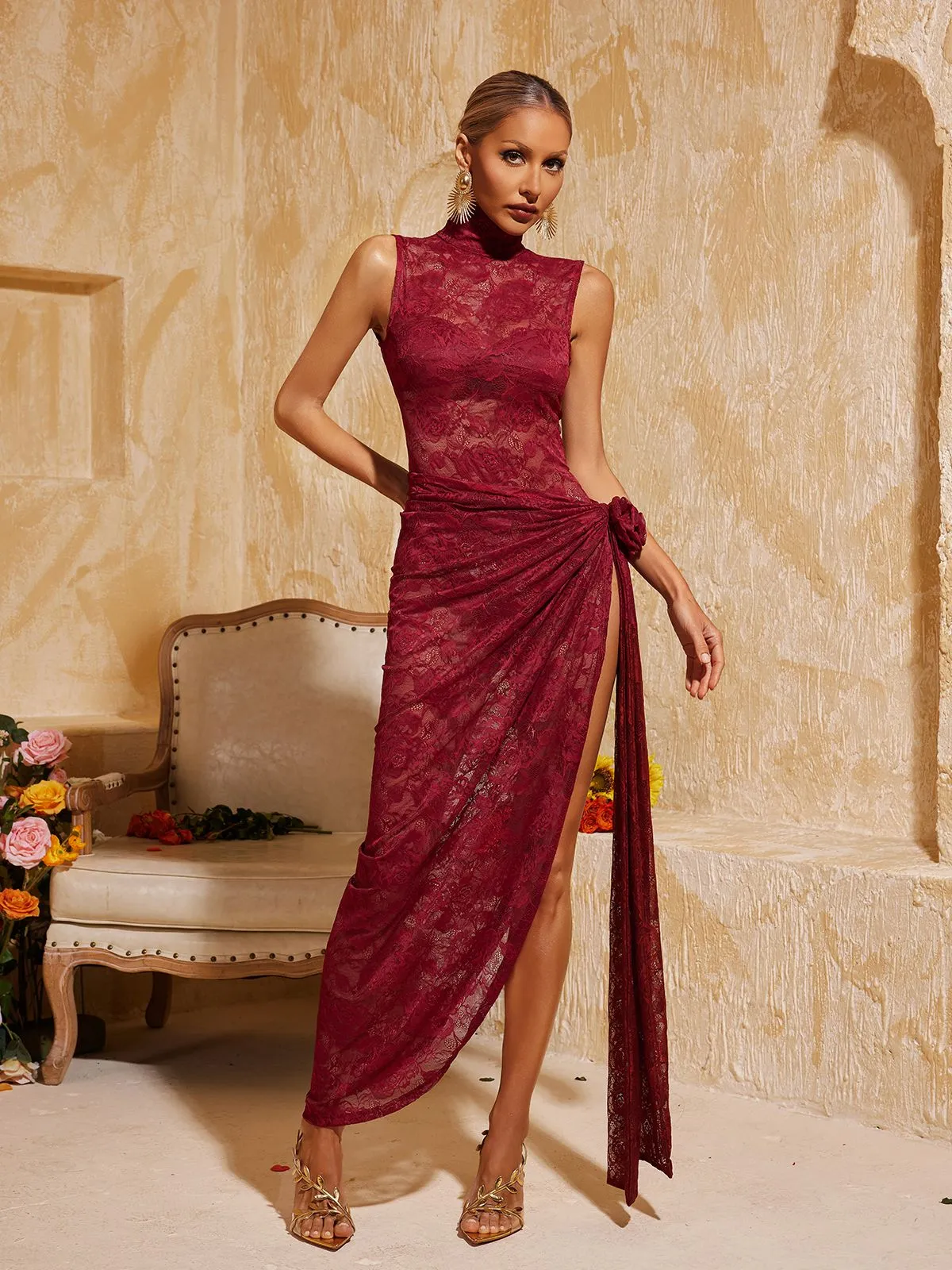 Aelithra High Neck Split Flower Maxi Dress In Wine sold by Mew Mews product image thumbnail 4