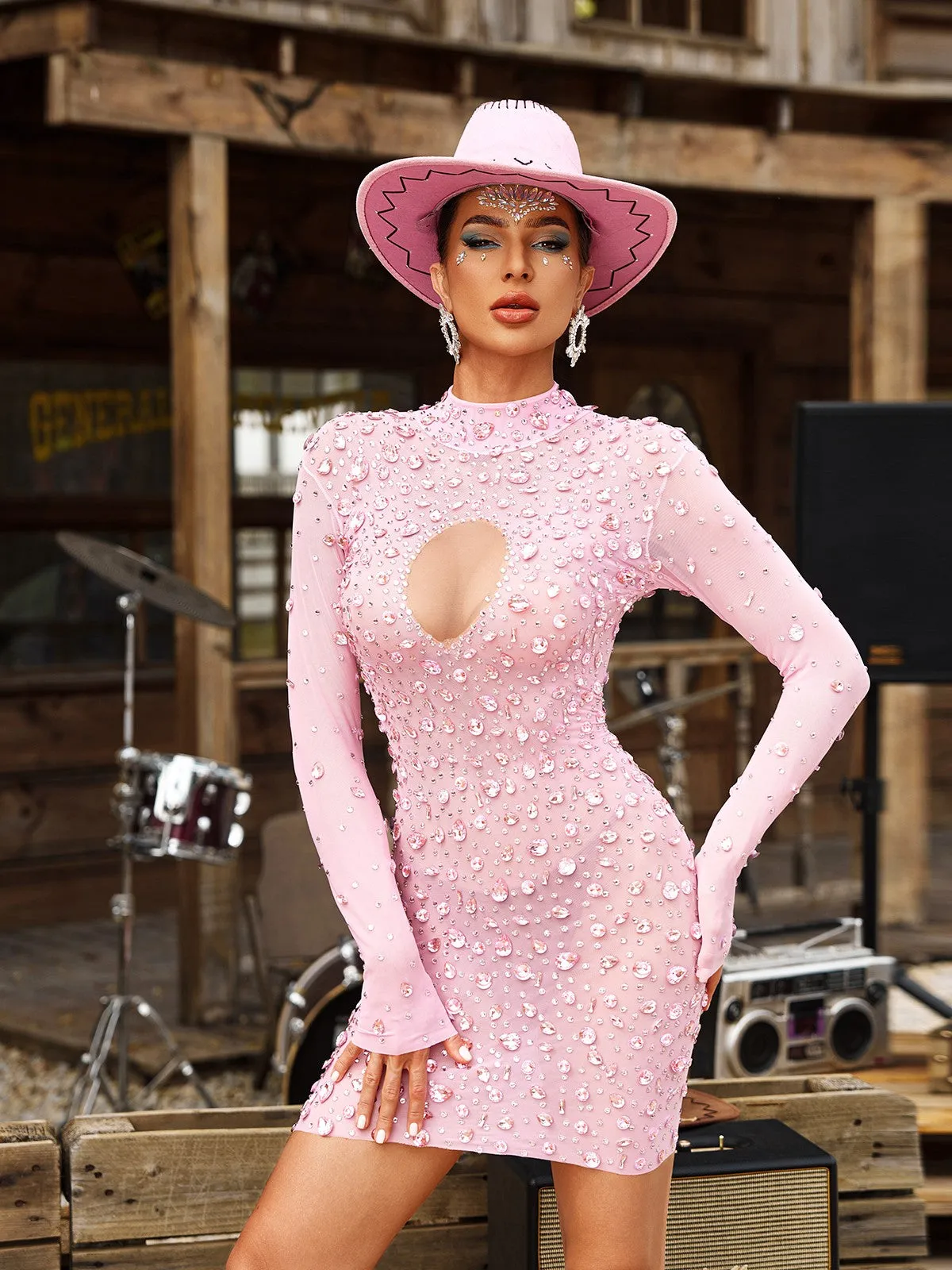 Baelis Long Sleeve Rhinestone Mesh Mini Dress sold by Mew Mews product image thumbnail 2