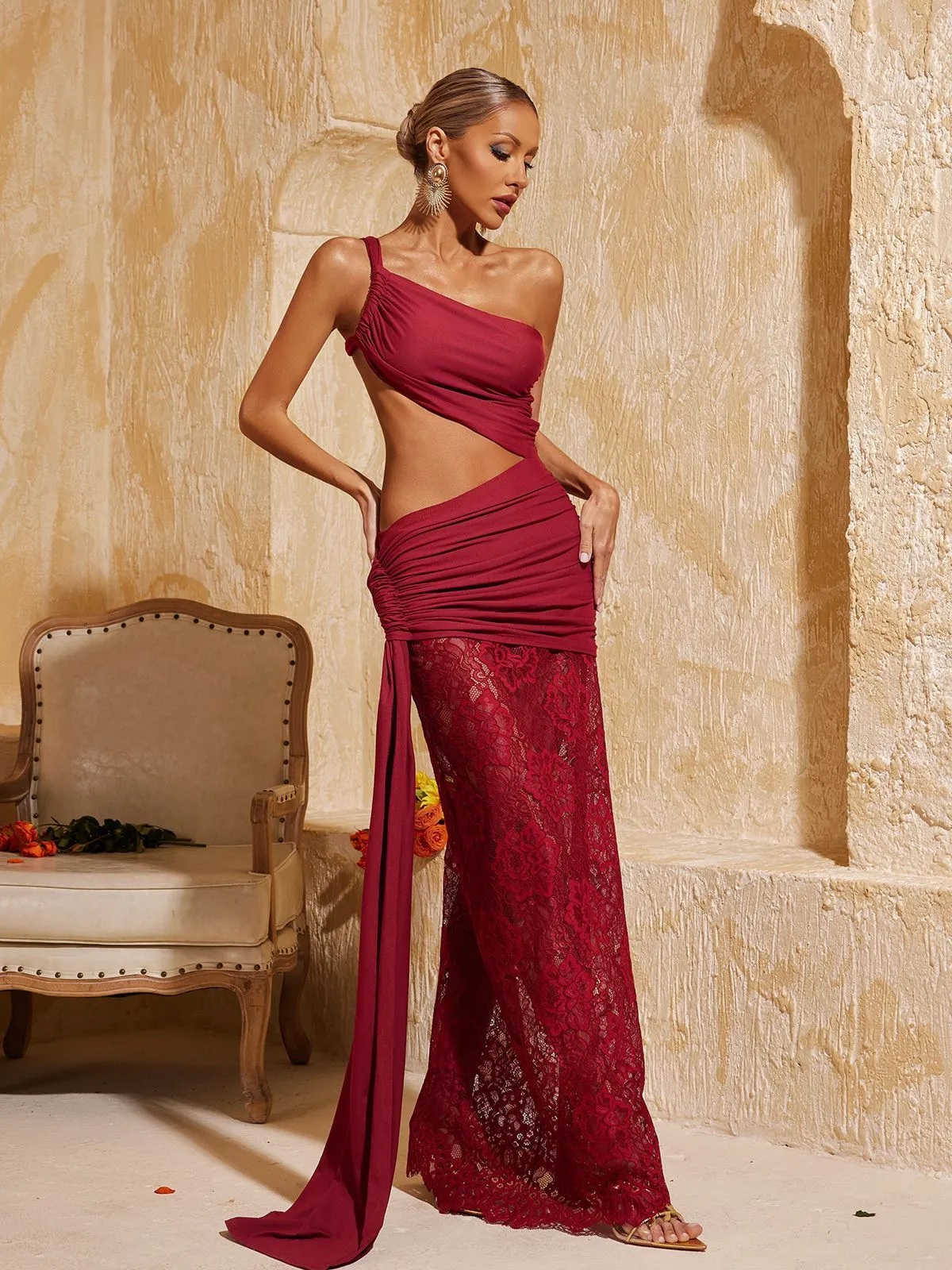 Phelia Cutout Lace Draped Maxi Dress In Wine sold by Mew Mews product image thumbnail 5