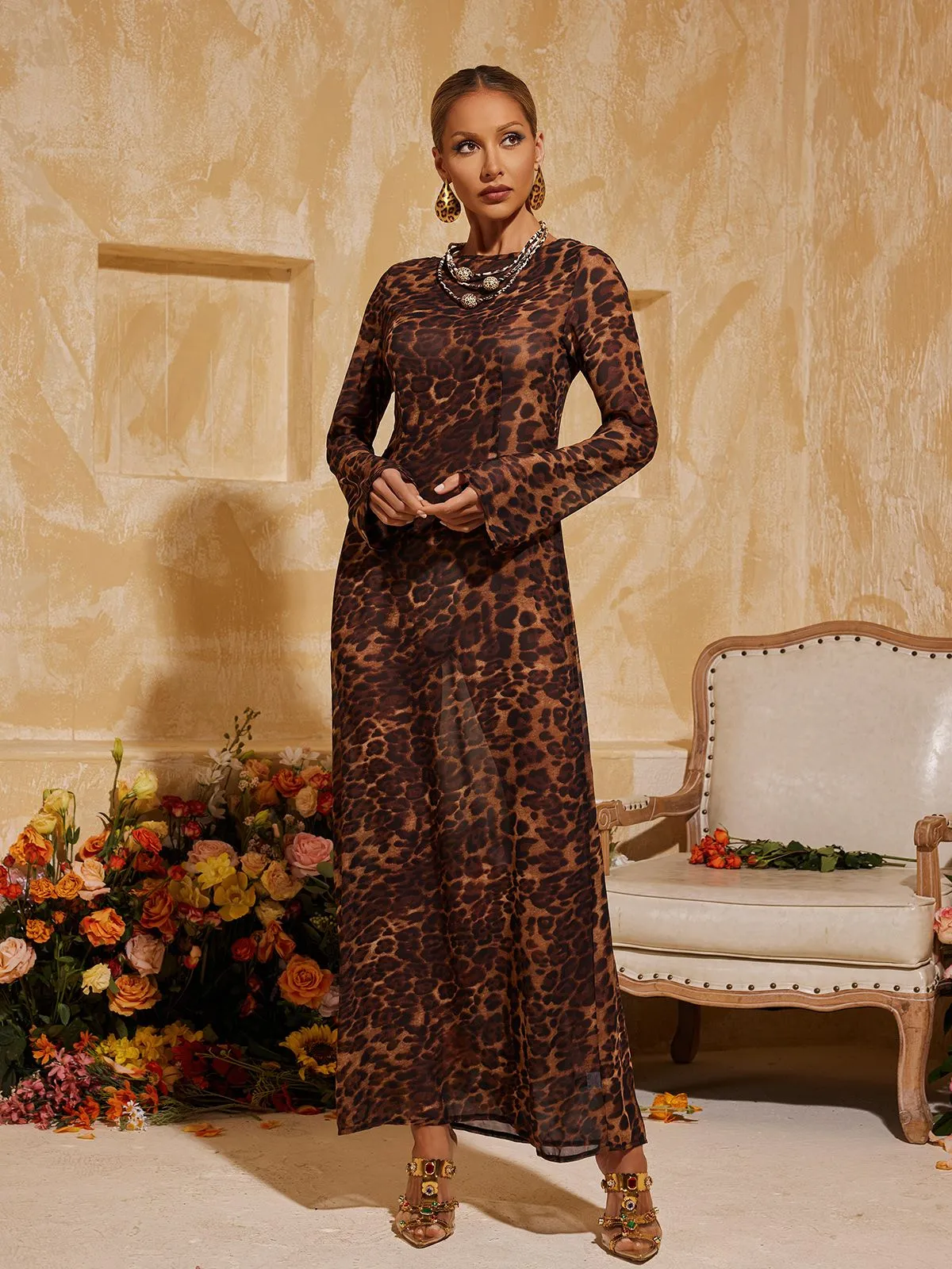 Cecily Long Sleeve Leopard Maxi Dress In Brown sold by Mew Mews