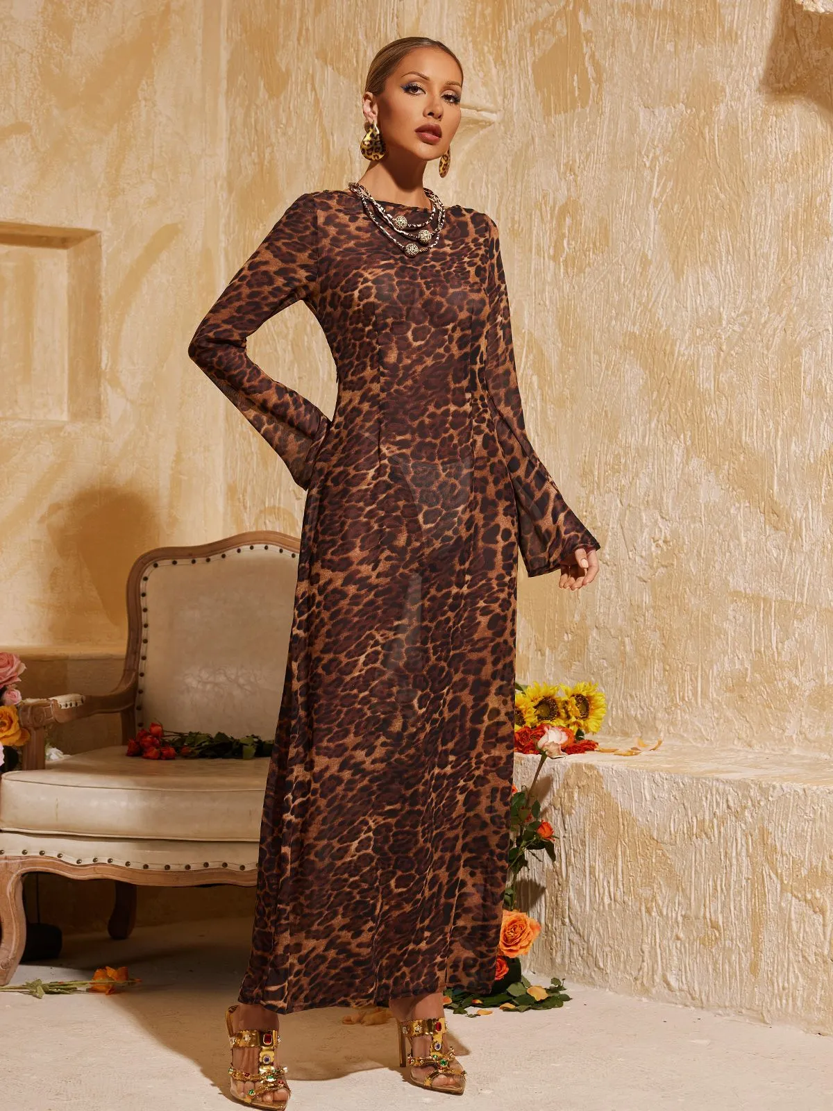 Cecily Long Sleeve Leopard Maxi Dress In Brown sold by Mew Mews product image thumbnail 4