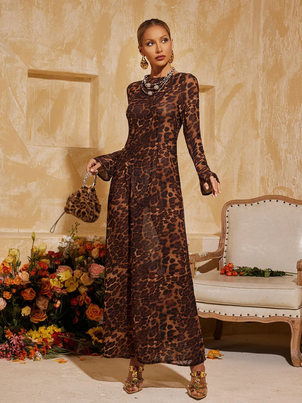 Cecily Long Sleeve Leopard Maxi Dress In Brown sold by Mew Mews product image thumbnail 5