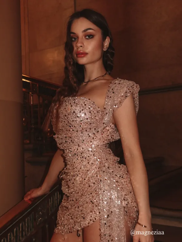 Azadeh Rhinestone Sequin Draped Mini Dress sold by Mew Mews