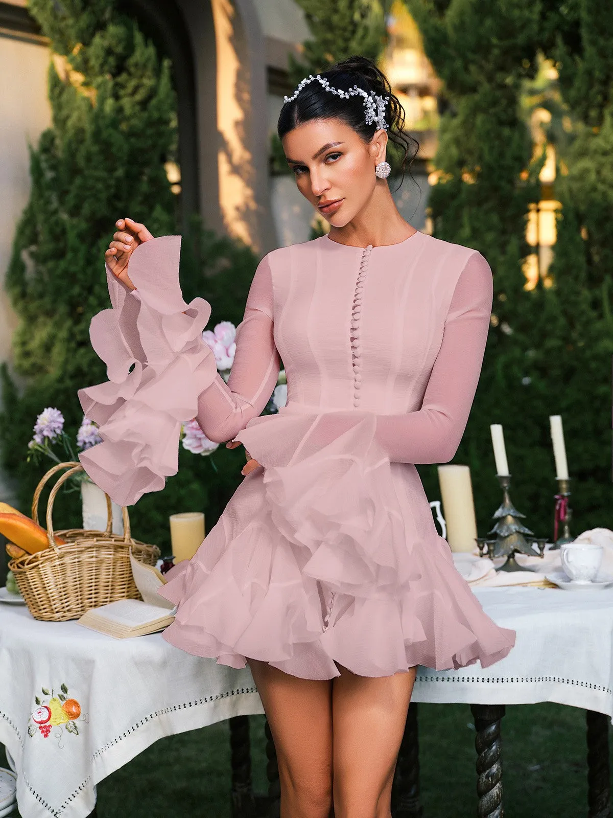 Edsel Flare Sleeve Button Mini Dress In Pink sold by Mew Mews product image thumbnail 5