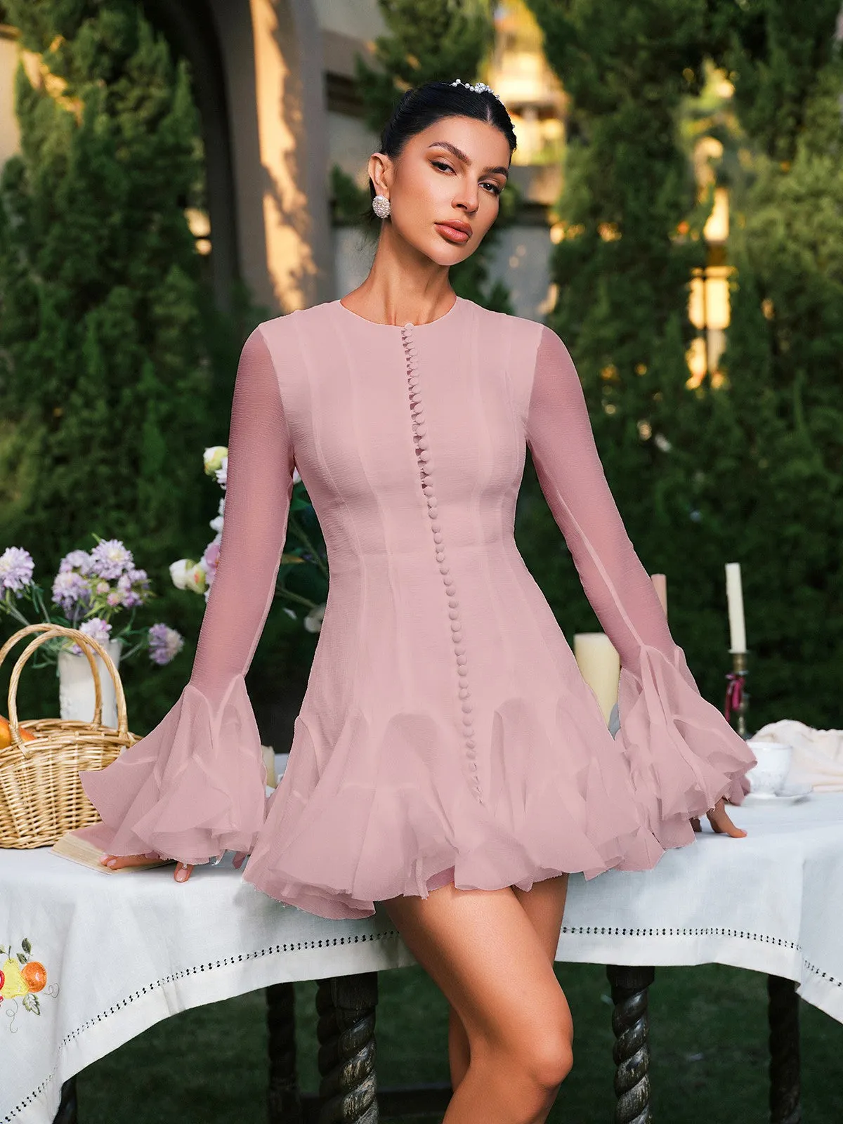 Edsel Flare Sleeve Button Mini Dress In Pink sold by Mew Mews product image thumbnail 3