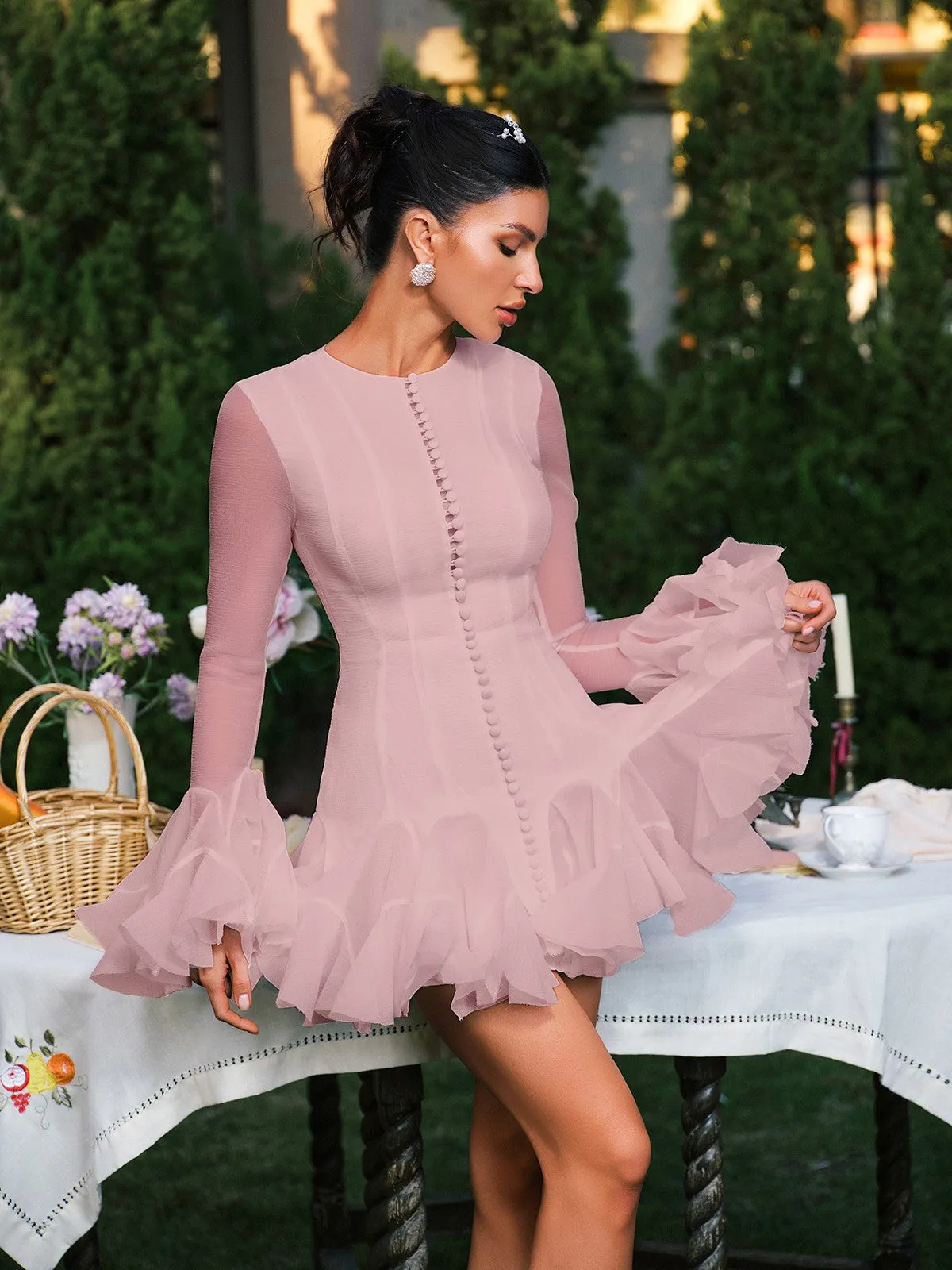 Edsel Flare Sleeve Button Mini Dress In Pink sold by Mew Mews product image thumbnail 2