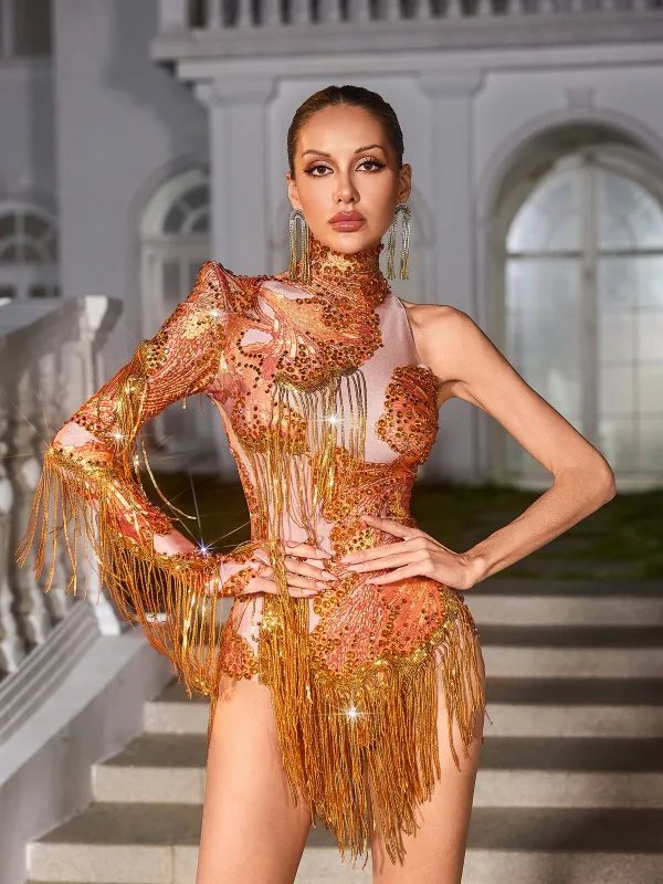 Shatora One Shoulder Rhinestone Fringe Bodysuit In Orange sold by Mew Mews