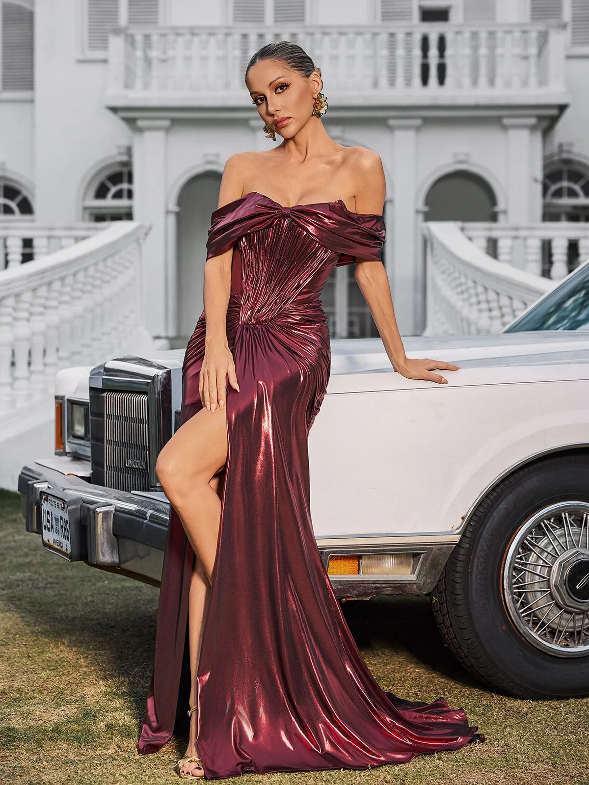 Xanthelle Off Shoulder Split Metallic Maxi Dress sold by Mew Mews product image thumbnail 4