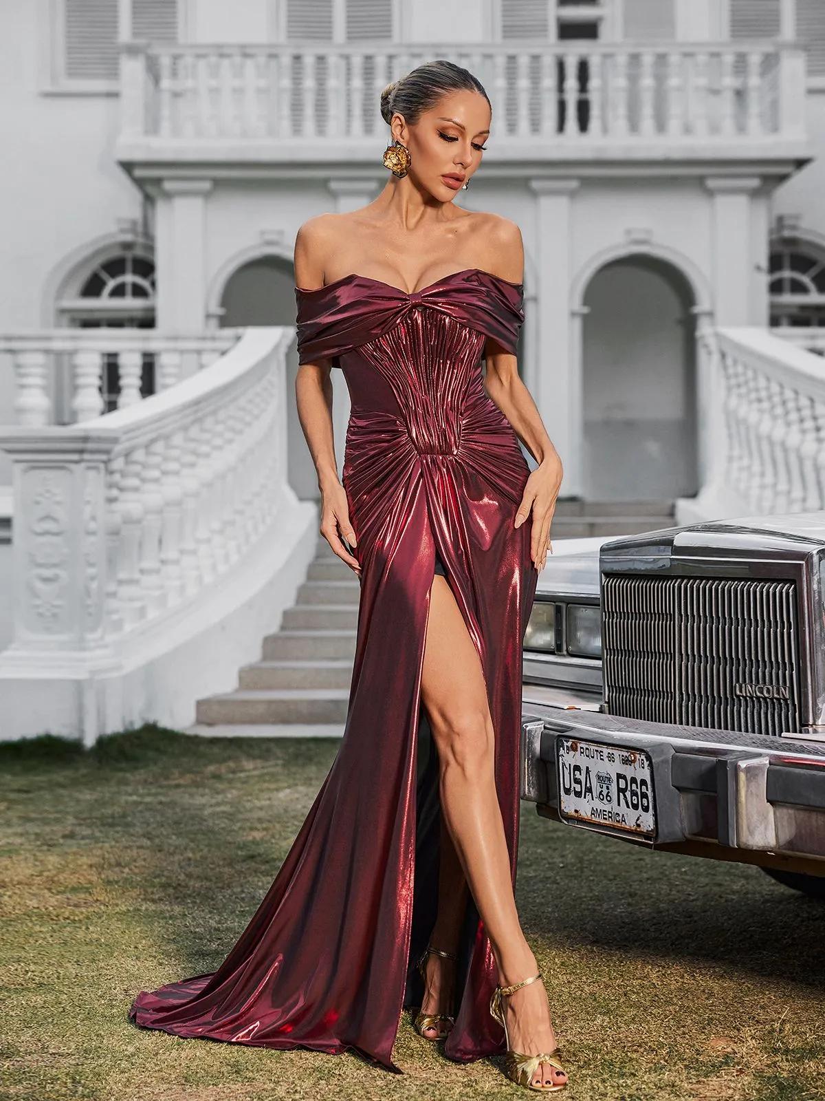 Xanthelle Off Shoulder Split Metallic Maxi Dress sold by Mew Mews product image thumbnail 3